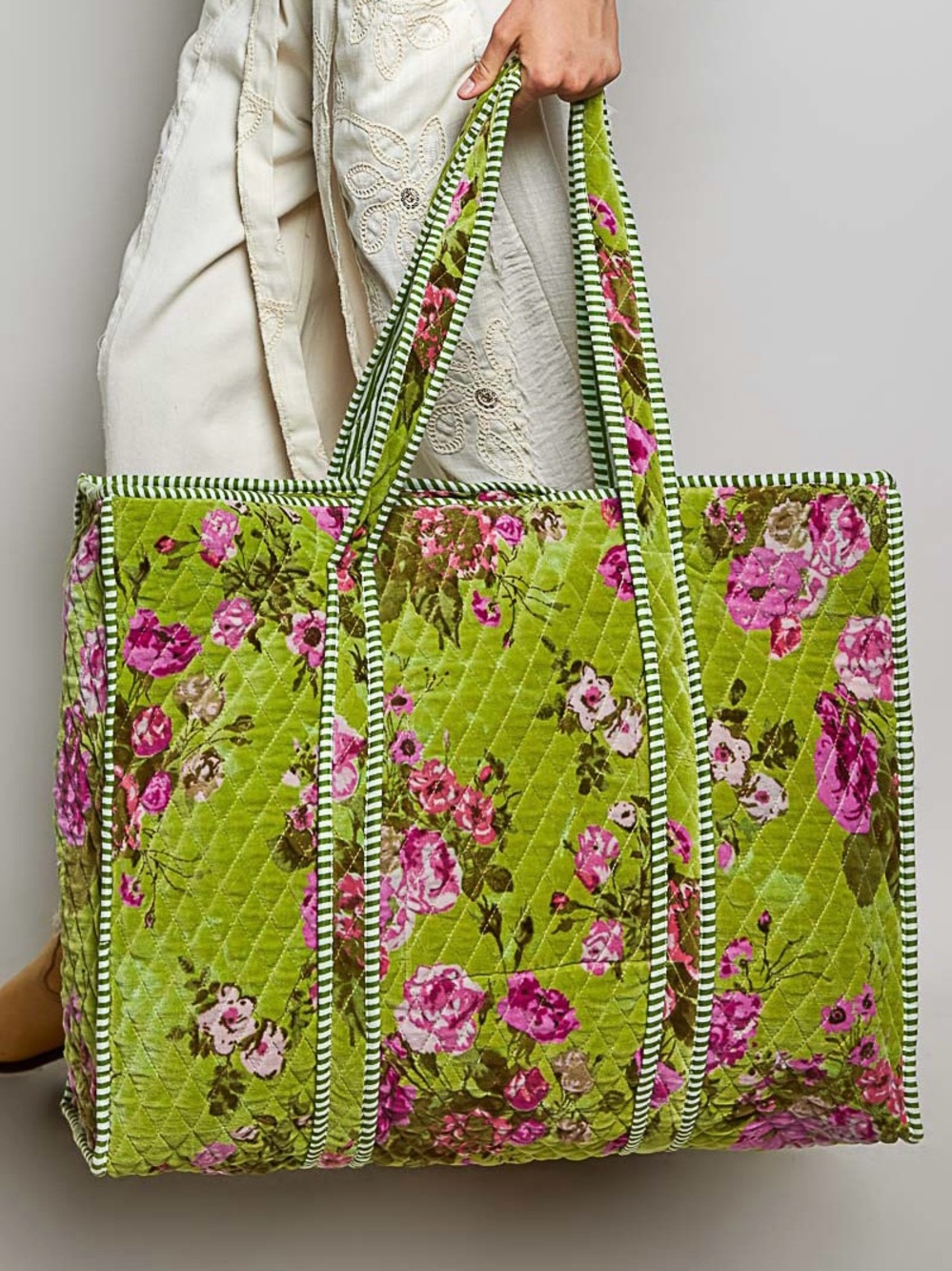 POL Lime Green Floral Quilted Velvet Tote Bag | Oversized Shopper